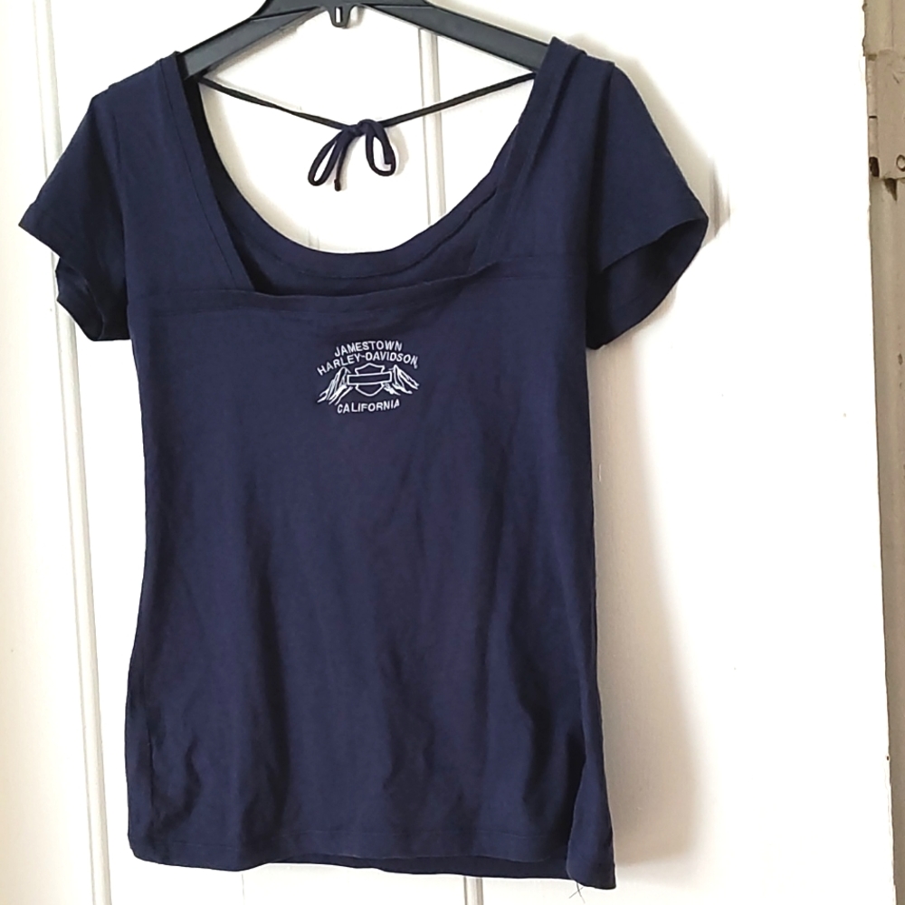 HARLEY-DAVIDSON WOMEN BLUE SHORT SLEEVE TIEBACK JAMESTOWN, CA SIZE XL TEE SHIRT